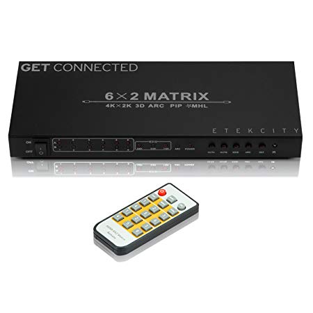 Etekcity ( 6 in 2 out ) 6x2 HDMI Matrix Switcher & Splitter with IR Remote Control, Features PIP, ARC, MHL, HDMI 1.4, 3D and 4K x 2K ( QFHD )