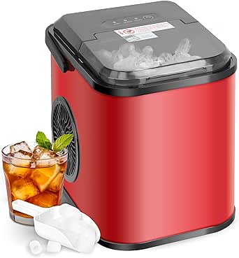 YSSOA Portable Ice Maker for Countertop, 6 Mins 8 Ice Cubes, 26lbs Ice/24H, Self-Cleaning, with Ice Spoon and Basket, for Home/Kitchen/Office/Camping/Party, Red