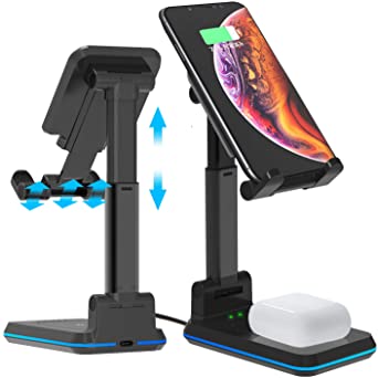 DM Wireless Charger Phone Holder for Desk, 2 in 1 Dual Wireless Charging Stand 10W Qi Fast Charger Holder Compatible with iPhone 11/Pro/Xs/Max/XR/X/8/8P, Samsung S10/S9/S8/Note10, AirPods Pro (Black)