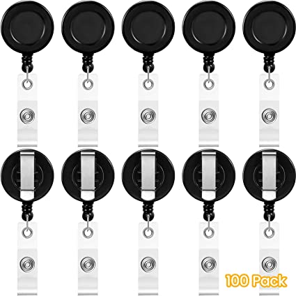 100 Pieces Retractable Badge Reel Clips ID Card Holder Reel with Metal Belt Clip for Hanging Cards Key Chains, Name Badge Reels Holders for Nurses Teachers Students Office Workers (Black)