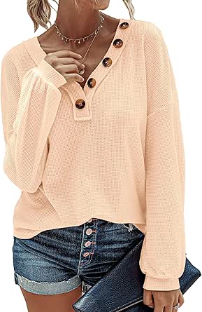 BTFBM Women Waffle Knit Shirts V-Neck Long Sleeve Casual Slouchy Loose Blouses Plain Faux Button Lightweight Pullover