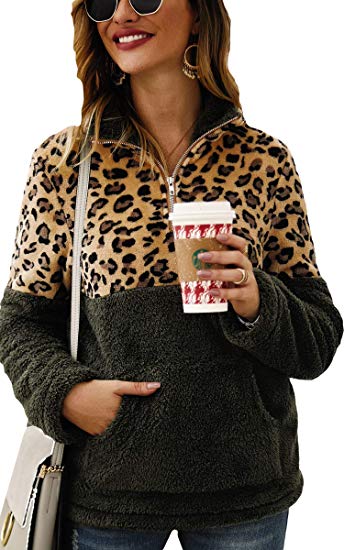 Angashion Womens Long Sleeve Half Zip Up Warm Fuzzy Leopard Print Patchwork Fleece Pullover Tops with Big Pouch for Winter