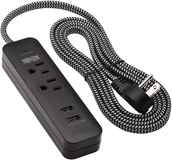 Tripp Lite Surge Protector Power Strip 2-Outlet w 2 USB Ports 2.1A 6ft Cord, 5-15P Plug, 450 Joules, Black (TLP206USB)