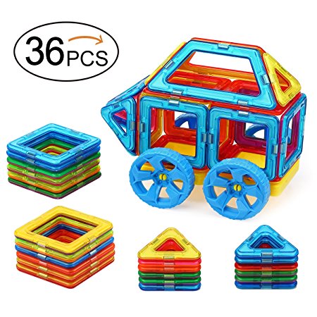Quadpro 36 Piece Magnet Tiles Magnetic Building Blocks for Kids, Standard Set with Wheel