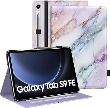 MoKo Case for Samsung Galaxy Tab S9 FE 5G 10.9-Inch 2023, Multi-Angle Stand Case Cover for Galaxy Tab S9 FE (SM-X510/SM-X516/SM-X518) with S Pen Holder, Auto Wake/Sleep, Front Pocket,Purple Marble