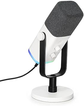 FIFINE PC Gaming Microphone, XLR/USB Microphone for Podcast Recording, Dynamic Mic with RGB, Mic Mute, Monitoring Headphones Jack for Computer/PS4/PS5, for Voice-over Vocal Video-AmpliGame AM8 White