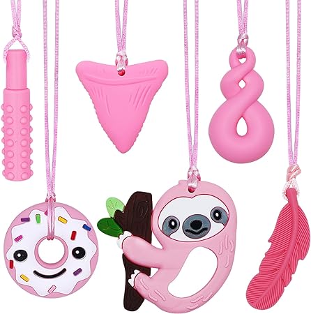 Chew Necklaces for Sensory Kids, Silicone Chewy Necklace Sensory Stim Toy for Girls Boys, 6 Pack Sensory Chew Toys for Kids Teens Adults with Autism Anxiety ADHD SPD or Other Sensory Needs - Pink