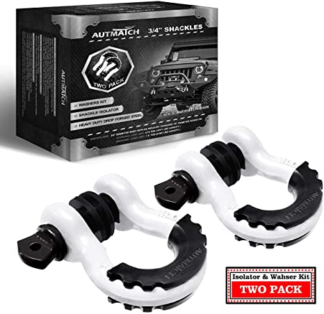 AUTMATCH Shackles 3/4" D Ring Shackle (2 Pack) 41,887Ib Break Strength with 7/8" Screw Pin and Shackle Isolator & Washers Kit for Tow Strap Winch Off Road Jeep Vehicle Recovery White & Black