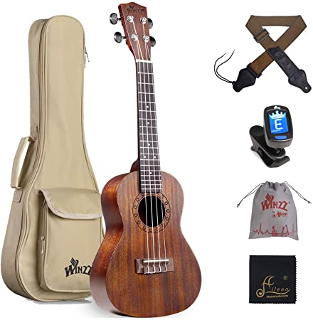 WINZZ 23 Inches Concert Mahogany Ukulele Vintage Hawaiian with Bag, Tuner, Strap, Brown