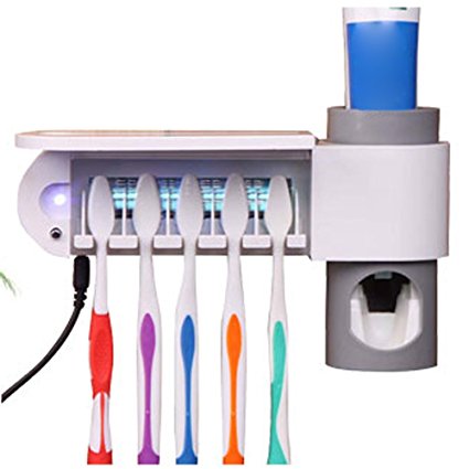 Linsam Family UV Toothbrush Sanitizer and Toothpaste Squeezer Set Toothbrush Holder, 5 Toothbrush Holder