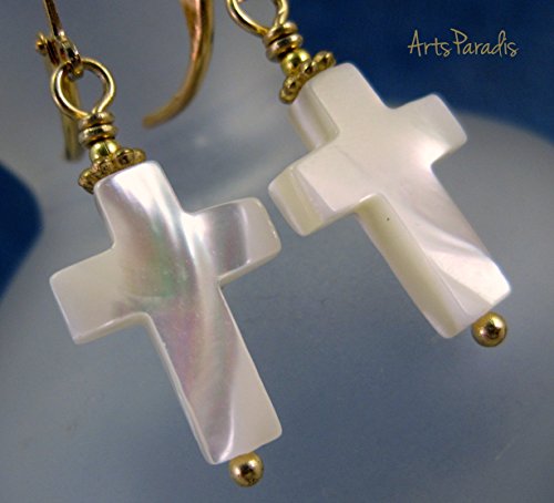 Small Mother of Pearl Cross Dangle Earrings by ArtsParadis
