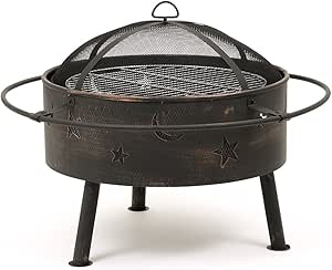 Trueshopping Round Fire Pit Bowl- Astral design with BBQ Grill, Spark Guard & Fire Poker- Outdoor Garden, Patio Heater/Burner for Wood or Charcoal Black