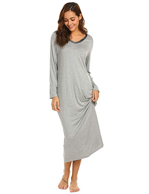Ekouaer Womens Long Sleeve Nightshirts V-Neck Loose Nightshirt Sleepwear Nightgown Pajama PJ S-XXL