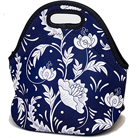 Insulated Lunch Bag Neoprene Lunch Bags for Women Men Cooler Lunch Box Tote - Blue Flower