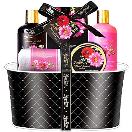 Relaxing Bath Spa Kit For Women and Teens, Gift Set Bath And Body Works- Floral Aromatherapy Spa Gift Basket Includes Shower Gel, Body Lotion, Bubble Bath, Hand Lotion Bath Salt and a White Bath Towel