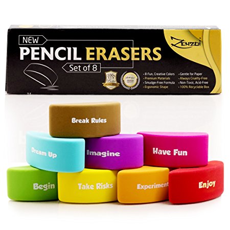 Pencil Erasers Block Eraser Bulk for Drawing Pencils Art Kids School - 8 Color Large Prime Eco Pack with FREE Gift of Top Coloring E-Book for Home Classroom -Not Med Big Size White Pink Toppers
