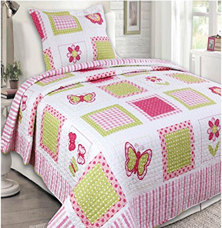 Mk Collection 2 Pc Bedspread Teens/girls Pink Yellow Butterfly Floral New