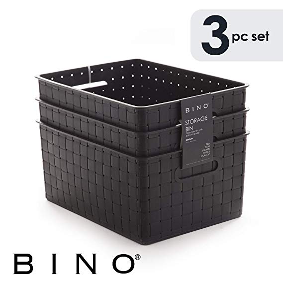 BINO Woven Plastic Storage Basket, Medium – 3 Pack (Black)