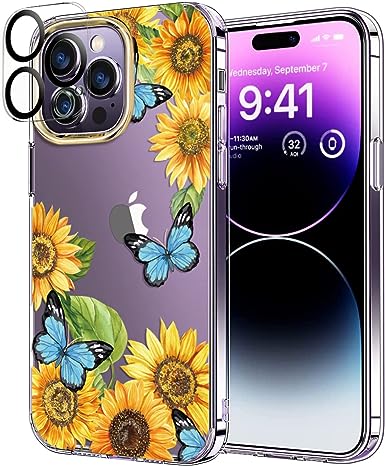 luolnh Compatible with iPhone 14 Pro Max Case with Flowers,for Girly Women,Shockproof Clear Floral Pattern Hard Back Cover for iPhone 14 Pro Max 6.7 inch 2022 -Sunflower