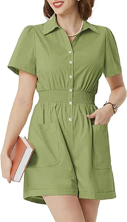 Belle Poque Summer Short Sleeve Rompers for Women Elastic Wasit Button Down Cotton Cargo Jumpsuits with Pockets