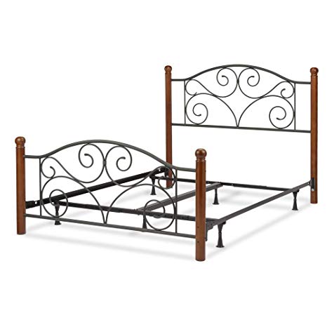 Leggett & Platt Doral Complete Metal Bed and Steel Support Frame with Decorative Scrollwork and Walnut Colored Wood Finial Posts, Matte Black Finish, Full