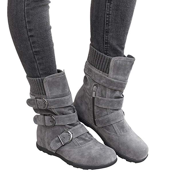 VANDIMI Women's Winter Ankle Snow Boots Warm Zipper Buckles Strap Suede Booties Mid Flat Boot