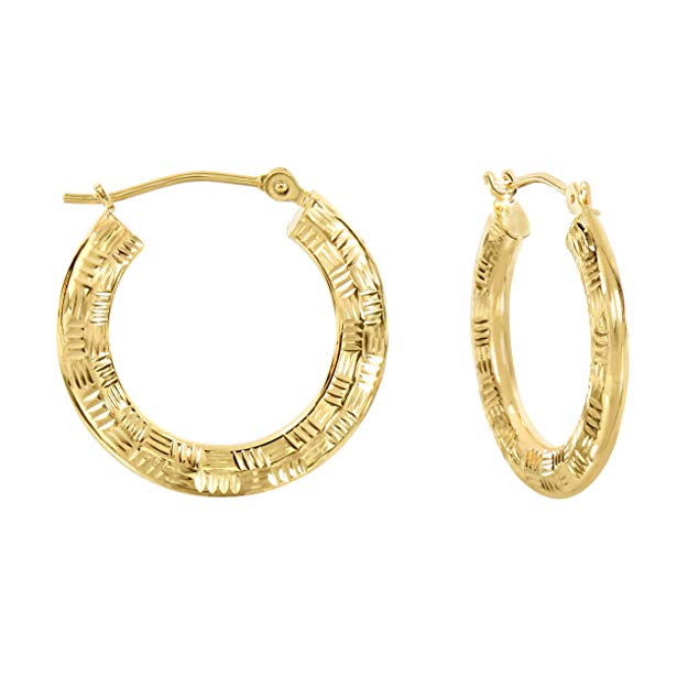 Tilo Jewelry 14k Yellow Gold Diamond-Cut Round Flat Hoop Earrings