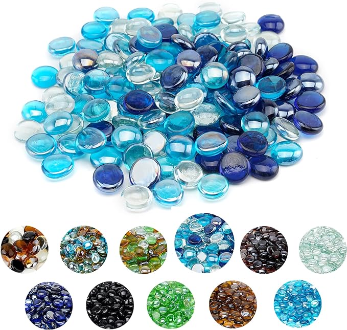 Skyflame 10-Pound Blended Fire Glass Beads for Fire Pit Fireplace Landscaping, 1/2-Inch Cobalt Blue, Crystal Ice, Caribbean Blue Luster