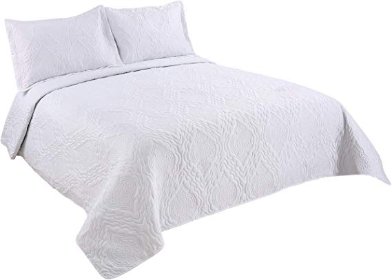 Marina Decoration Pinsonic Embossed Printed Coverlet Bedspread Ultra Soft 3 Piece Summer Quilt Set with 2 Quilted Shams White Color Queen Size