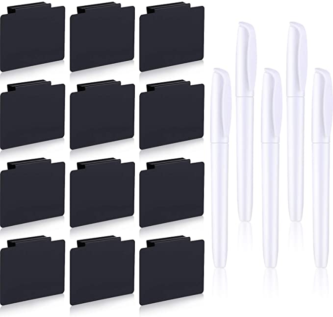 Kitchen Black Clip Label Holders Basket Bin Labels Clip with White Chalk Marker, Removable Metal Bin Clips Chalkboard Labels for Baskets Pantry Organization Solution Baskets Boxes (12 Pieces)