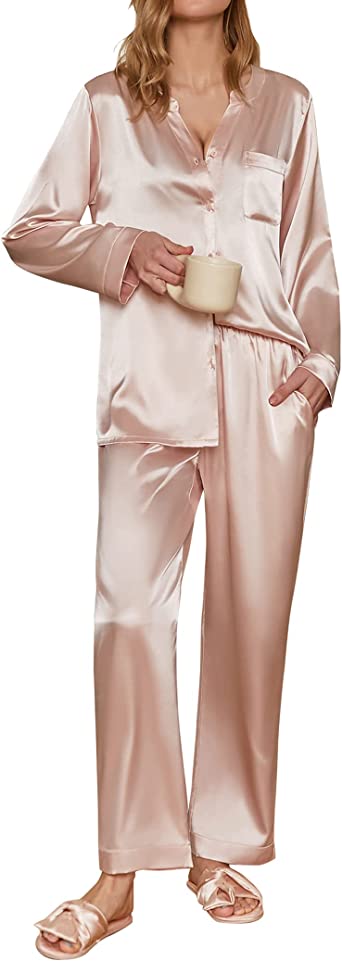 Ekouaer Satin Pajamas Set Women's Long Sleeve Sleepwear Button Down Loungewear Silk Pjs with Pockets