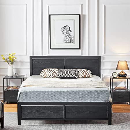 VECELO Full Size Platform Bed Frame with Black Wood Headboard, Mattress Foundation, Strong Metal Slats Support, No Box Spring Needed