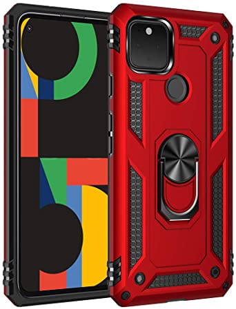 Google Pixel 5 Case, Yiakeng Military Grade Protective Cases with Ring for Google Pixel 5 (Red)