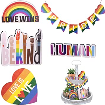 11 Pcs Pride Day Tiered Tray Decor Rainbow Wood Signs Love Wins LGBT Be Kind Human Pride No Gender for Gay Pride Theme Party Supplies (Rainbow Colors)