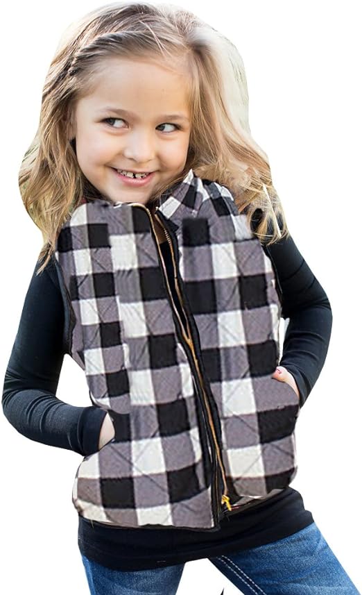 Ivay Girls Buffalo Cotton Plaid Quilted Vest Cute Puff Lined Gilet