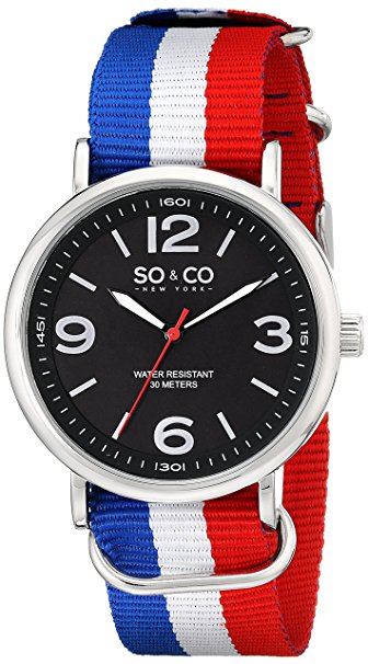 SO&CO New York Men's 5002.3 SoHo Quartz Luminous Dial Red White and Blue Canvas Strap Watch
