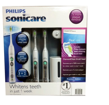 Philips Sonicare Flexcare Rechargeable Sonic Toothbrush Premium Edition 2 pack bundle 2 Flexcare Handles 2 Diamond Clean Standard Brush Heads 1 Compact Travel Charger 2 Hygienic Travel Caps 2 Hard Travel Cases 1 UV Sanitizer