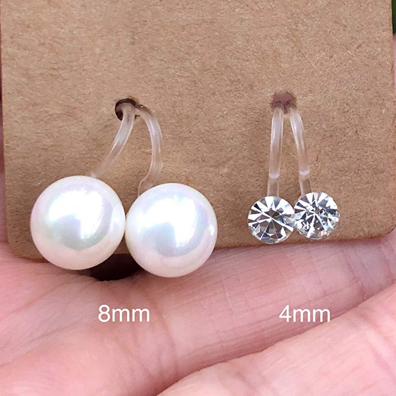 2 Pairs Invisible Clip on Earrings for Women - 8mm Shell Pearl Studs and 4mm Clear Cz Clip Ons for Non Pierced Ears