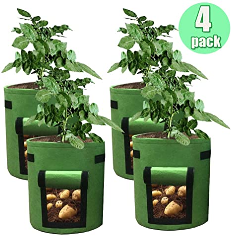 HAHOME 4 Pack 7 Gallon Potato Grow Bag, Garden Planting Bags,Vegetables Planter Bags, Non-Woven Aeration Fabric Pot Growing Bags with Handle and Access Flap, Green