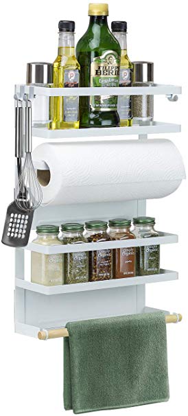 Sorbus Magnet Spice Rack Organizer for Refrigerator, 4-Tier Magnetic Storage Shelf with Paper Towel Holders and 5 Hooks, Multi-purpose, (Large, White)