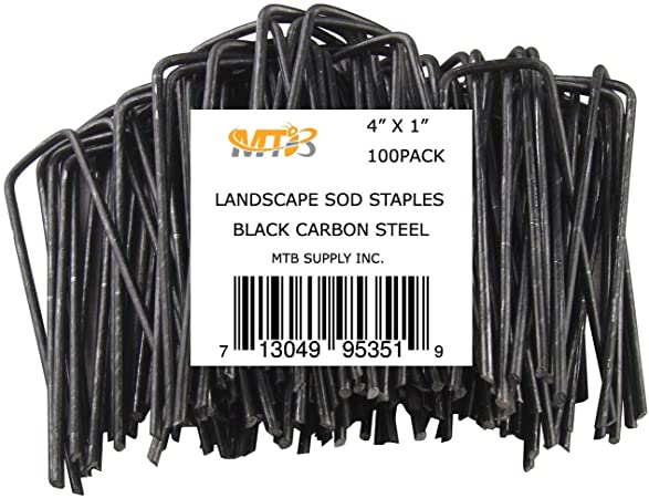 MTB 100 Pack 4”L x 1”W 11GA (0.12") Landscape Staples Black Carbon Steel, Garden Stakes Netting Pins Ground Spikes Sod Cover Pegs (Also Sold as 50Pack/250Pack. Galvanized Anti-Rust Available)