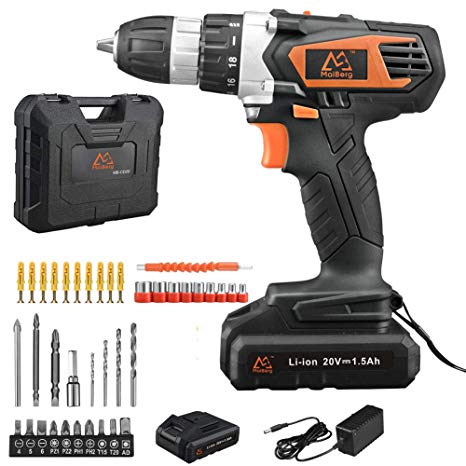 Cordless Drill, Power Drill Driver 20V with 2x1.5Ah Batteries, Fast Charger 1.3A, 44Pcs Accessories, 18 1 Torque Setting, 2-Variable Speed Max Torque 250 In-lbs, 3/8" Keyless Chuck