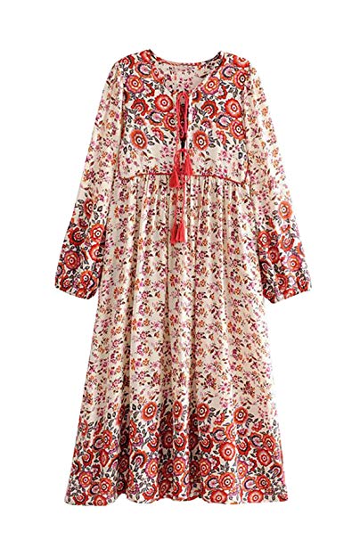 R.Vivimos Women's Long Sleeve Floral Print Retro V Neck Tassel Bohemian Midi Dresses