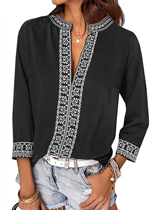 PAPOSON Women's V Neck 3/4 Sleeve Boho Print Casual T Shirt Summer Tops Tunic Blouse