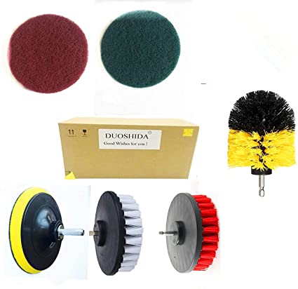 6 Piece Drill Brush Attachments: 5 Inch Drill Brushes & Scouring Pads & Suction Cup - Clean Tough Dirt - for Marble/Granite Tile, Grout, Rim, Kitchen Sink,Carpet, Coated Doors, Fiberglass Tubs