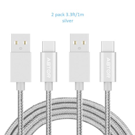 ABTOR USB C Data Sync Cable, Type C 3.1 to USB 2.0 Male Braided Nylon Charger Cord with Reversible Connector for New MacBook 12inch, ChromeBook Pixel and More Type-C Devices (3.3ft/1m) (2 Pack Silver)