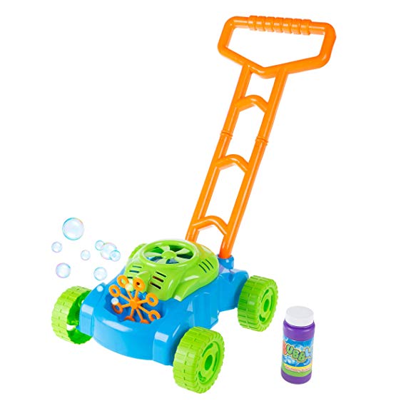 Bubble Lawn Mower- Toy Push Lawnmower Bubble Blower Machine, Walk Behind Outdoor Activity For Toddlers, Boys & Girls by Hey! Play!
