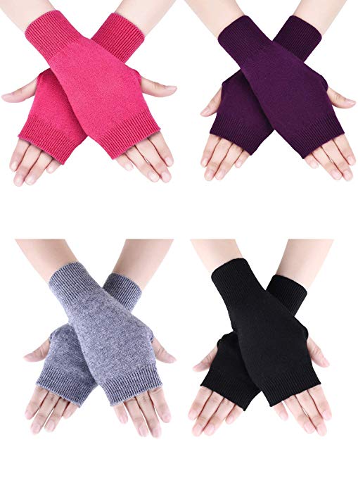 4 Pairs Cashmere Feel Fingerless Gloves with Thumb Hole Warm Gloves for Women and Men