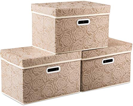 Prandom Collapsible Storage Cubes with Lids Fabric Decorative Storage Bins Boxes Organizer Containers Baskets with Cover Handles for Bedroom Closet Living Room 14.9x9.8x9.8 Inch 3 Pack