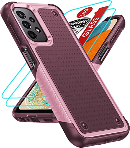 LeYi for Galaxy A13 5G Case, Samsung A13/ A32/ A23 5G 4G/ A04S Case with 2 Pack Screen Protectors for Women Girl, Shockproof Dual Layer Hard PC Back Protective Phone Case for Samsung A13 5G, Red Pink